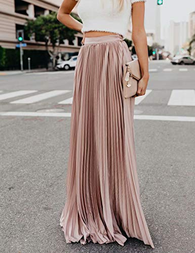 Frecoccialo Falda Plisada Mujer de Moda Larga Cintura Elástica Alta Eleganete Falda Maxi en Color Liso Falda Vintage (Rosa,L)
