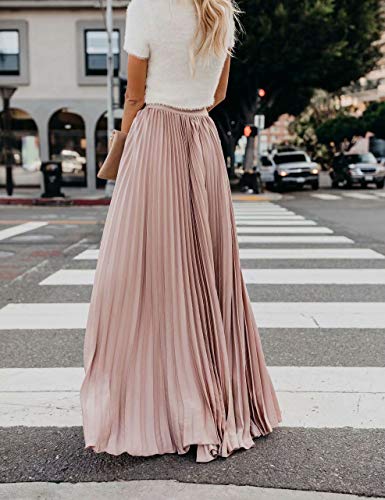 Frecoccialo Falda Plisada Mujer de Moda Larga Cintura Elástica Alta Eleganete Falda Maxi en Color Liso Falda Vintage (Rosa,L)