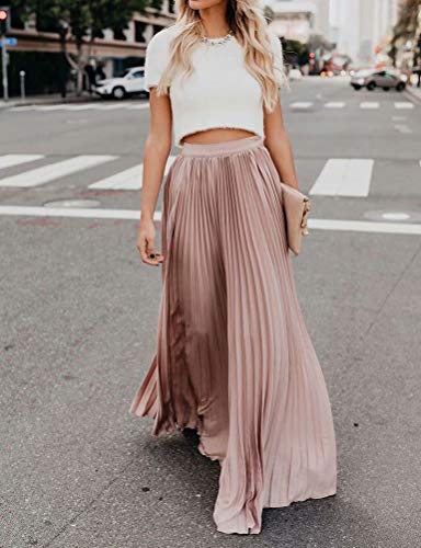 Frecoccialo Falda Plisada Mujer de Moda Larga Cintura Elástica Alta Eleganete Falda Maxi en Color Liso Falda Vintage (Rosa,L)