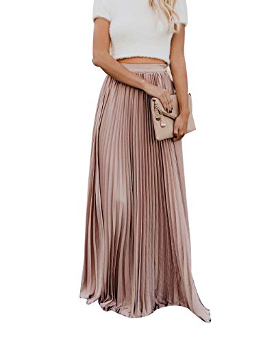 Frecoccialo Falda Plisada Mujer de Moda Larga Cintura Elástica Alta Eleganete Falda Maxi en Color Liso Falda Vintage (Rosa,L)