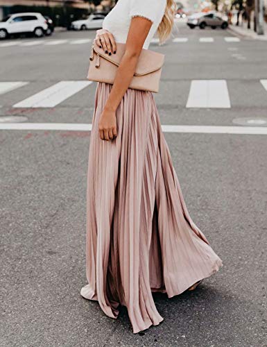 Frecoccialo Falda Plisada Mujer de Moda Larga Cintura Elástica Alta Eleganete Falda Maxi en Color Liso Falda Vintage (Rosa,L)