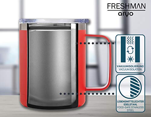 FRESHMAN aryo | Taza termica de doble pared de acero inoxidable 350ml | Vaso termico cafe con tapa y asa Vaso termo cafe para llevar Tazas desayuno Taza termo Termos para cafe Vaso cafe Vasos termicos