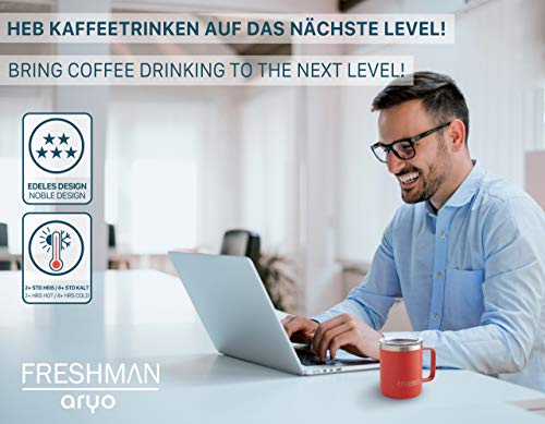 FRESHMAN aryo | Taza termica de doble pared de acero inoxidable 350ml | Vaso termico cafe con tapa y asa Vaso termo cafe para llevar Tazas desayuno Taza termo Termos para cafe Vaso cafe Vasos termicos