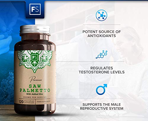 FS Saw Palmetto con Zinc 3000 mg por Porcion 120 Capsulas Veganas de Alta Potencia | Serenoa Repens Para la Prostata y la Salud Masculina — Sin OGM o Lacteos