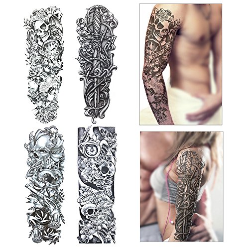 Full Brazo tatuajes temporales, Konsait Grande Tatuaje Temporales Mangas negro tatuaje cuerpo pegatinas para adultos hombre mujer, calavera, Rosa (4 hojas)