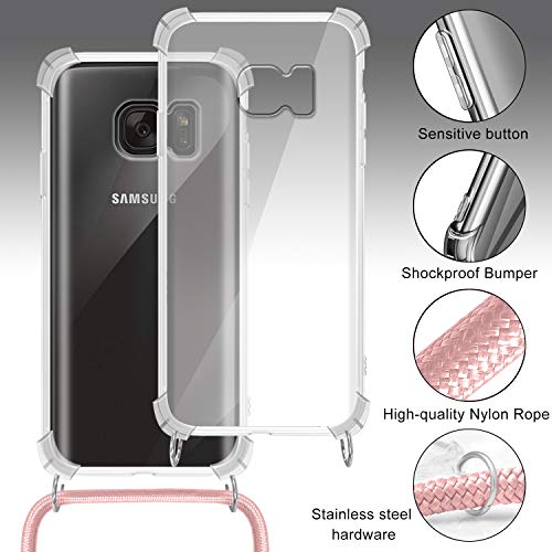 Funda con Cuerda para Samsung Galaxy S7, Carcasa Transparente TPU Suave Silicona Case con Correa Colgante Ajustable Collar Correa de Cuello Cadena Cordón para Samsung Galaxy S7 - Oro Rosa