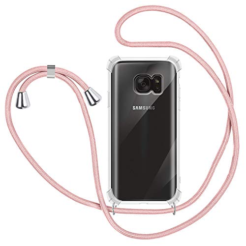 Funda con Cuerda para Samsung Galaxy S7, Carcasa Transparente TPU Suave Silicona Case con Correa Colgante Ajustable Collar Correa de Cuello Cadena Cordón para Samsung Galaxy S7 - Oro Rosa