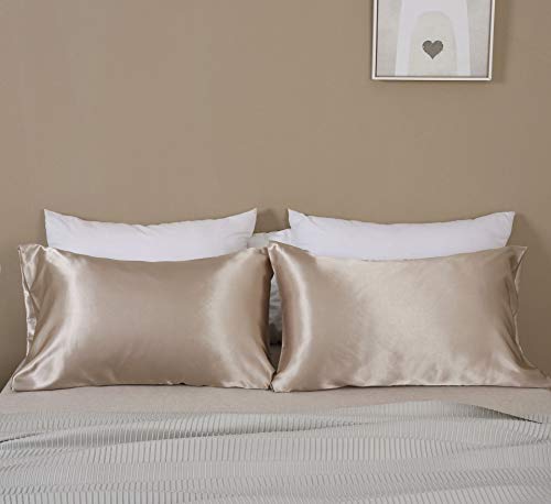 Funda de almohada de cama de seda simulada: funda de almohada de seda para arrugas y cuidado facial para prevenir arrugas, seda sintética de poliéster, 2 piezas de 20x30in / 51x76cm de color caqui