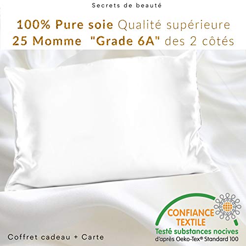 Funda de Almohada de Seda 100% Natural del árbol de la Morera 25 Momme Grado 6A Libre de químicos, Piel Bio-Sensible, Pelo Afro, Rizado, Grasa, Regalo Anti-caída (Blanco, 40x60cm)