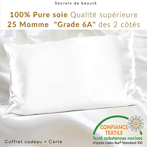 Funda de Almohada de Seda 100% Natural del árbol de la Morera 25 Momme Grado 6A Libre de químicos, Piel Bio-Sensible, Pelo Afro, Rizado, Grasa, Regalo Anti-caída (Blanco, 50x75cm)