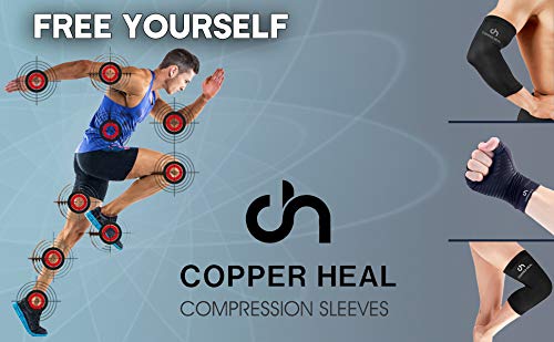 Funda de Compresión de Cobre de Codo COPPER HEAL - Manga Codo recuperación médica contenido más alta infundida Codera Soporte rígido Dolor músculos articulaciones Tendonitis Brazo canasta tenis (L)