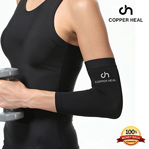 Funda de Compresión de Cobre de Codo COPPER HEAL - Manga Codo recuperación médica contenido más alta infundida Codera Soporte rígido Dolor músculos articulaciones Tendonitis Brazo canasta tenis (L)