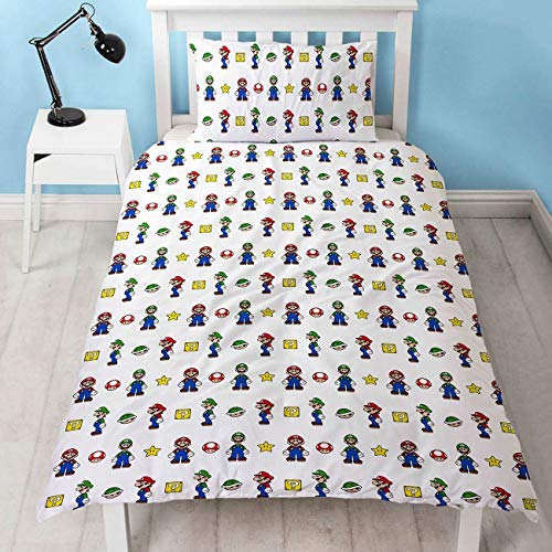 Funda de edredón Oficial de Super Mario para Cama Individual, Reversible, diseño de Mario y Luigi, Color Blanco