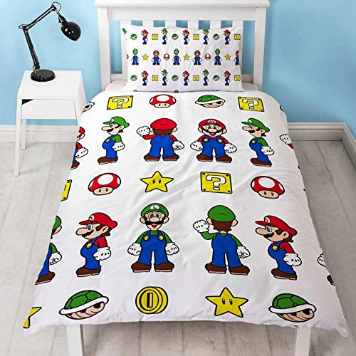Funda de edredón Oficial de Super Mario para Cama Individual, Reversible, diseño de Mario y Luigi, Color Blanco