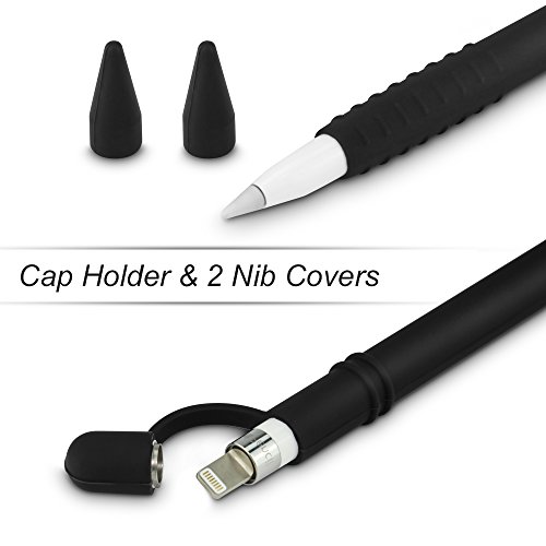 Funda de Silicona para Apple Pencil 1-iPad Pencil Holder Cap Accesorios de Protección de Suave Chaqueta de Manga Bolsa Skin Cover con 2 Cubiertas de Punta Protectora para iPad Pro 9.7 10.5 Pen-Negro