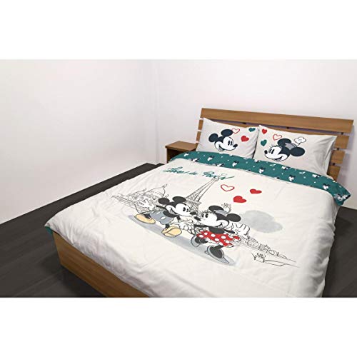 Funda nórdica de 220 x 240 cm, diseño de Mickey & Minnie – Love in Paris + 2 fundas de almohada de 63 x 63 cm, 100% algodón de 54 hilos, edición limitada
