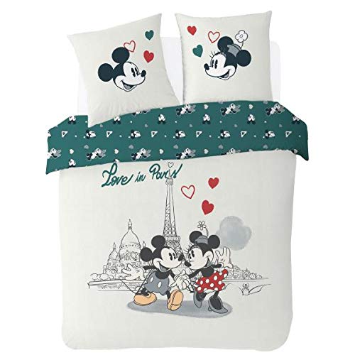 Funda nórdica de 240 x 260 cm, diseño de Mickey & Minnie – Love in Paris + 2 fundas de almohada de 63 x 63 cm, 100% algodón de 54 hilos, edición limitada