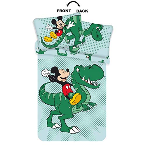 Funda Nórdica Mickey Mouse - Funda Nórdica Disney Infantil de Dinosaurios, para Edredón de Cama de 90, 100x135cm y Funda de Almohada 40x60cm, Color Verde