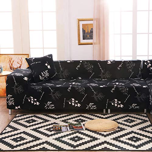 Funda para sofá elástica, antideslizante, estampado de plumas y flores moderno y simple, de 1/2/3/4 plazas, protector para mascotas (Elegancia-negro,4-Seater Sofa Length 90-118In+1pcs Free Pillowca)
