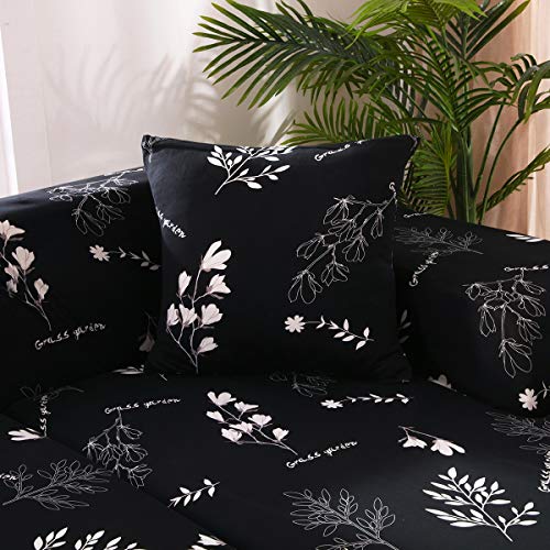 Funda para sofá elástica, antideslizante, estampado de plumas y flores moderno y simple, de 1/2/3/4 plazas, protector para mascotas (Elegancia-negro,4-Seater Sofa Length 90-118In+1pcs Free Pillowca)