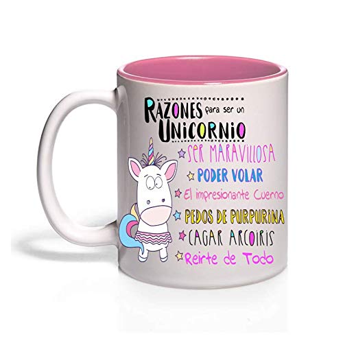 FUNNY CUP Taza Unicornio Color. Razones para ser un Unicornio. Divertidos Motivos para lucir Entre Amigas (Rosa)