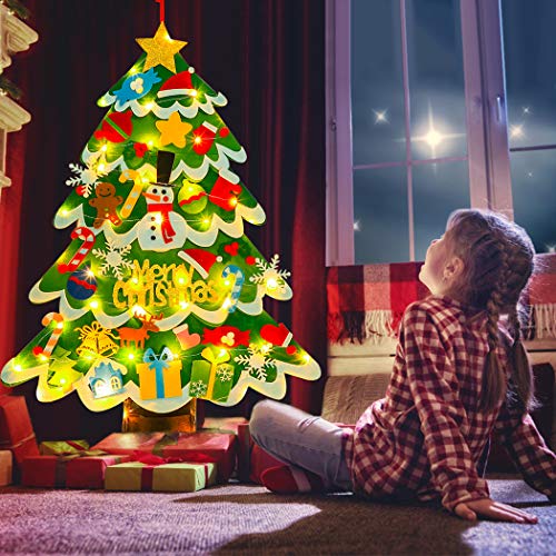 FunPa Fieltro Árbol de Navidad, Árbol de Navidad DIY con 50 Luces LED 35 Unids Adornos Navidad Decoración Colgante para Niños arbol de Navidad Cafe Hotel casa decoración
