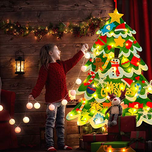 FunPa Fieltro Árbol de Navidad, Árbol de Navidad DIY con 50 Luces LED 35 Unids Adornos Navidad Decoración Colgante para Niños arbol de Navidad Cafe Hotel casa decoración