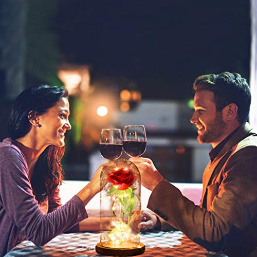 FunPa Rosa Eterna Roja, Rosas La Bella y la Bestia Rosa de Seda Roja y luz LED Flor en Cúpula Vidrio con Pedestal de Madera Boda Regalo para de Día de la Madre