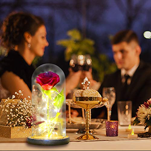 FunPa Rosa Eterna Roja, Rosas La Bella y la Bestia Rosa de Seda Roja y luz LED Flor en Cúpula Vidrio con Pedestal de Madera Boda Regalo para de Día de la Madre