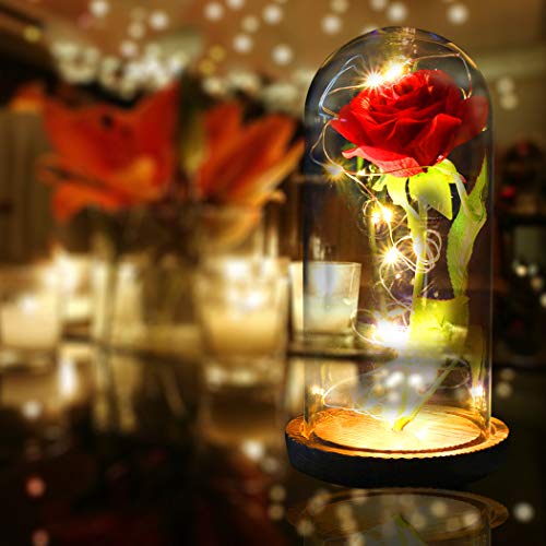 FunPa Rosa Eterna Roja, Rosas La Bella y la Bestia Rosa de Seda Roja y luz LED Flor en Cúpula Vidrio con Pedestal de Madera Boda Regalo para de Día de la Madre