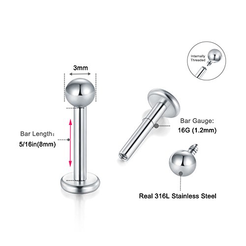 Funseedrr 5 Par 16 Gauge Labio Labret Stud Piercing Bars 8mm Plata Acero Inoxidable Tragus Helix Piercing Joyas