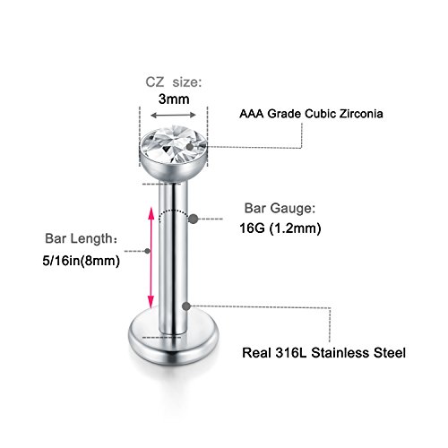 Funseedrr 5 Par 16 Gauge Labio Labret Stud Piercing Bars 8mm Plata Acero Inoxidable Tragus Helix Piercing Joyas