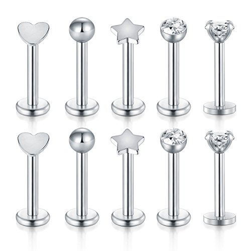 Funseedrr 5 Par 16 Gauge Labio Labret Stud Piercing Bars 8mm Plata Acero Inoxidable Tragus Helix Piercing Joyas