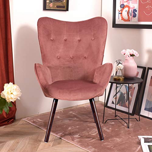 FURNISH1 Sillón de Terciopelo 68 x 73 x 106 cm Silla tapizada de Ocio Escandinavia con Patas de Madera marrón - Rosa