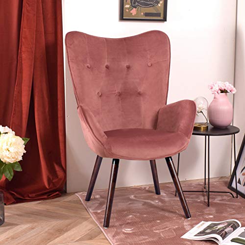 FURNISH1 Sillón de Terciopelo 68 x 73 x 106 cm Silla tapizada de Ocio Escandinavia con Patas de Madera marrón - Rosa