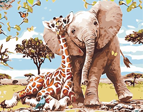 Fuumuui Lienzo de Bricolaje Regalo de Pintura al óleo para Adultos niños Pintura por número Kits Decoraciones para el hogar-Elefante y Jirafa 16 * 20 Pulgadas