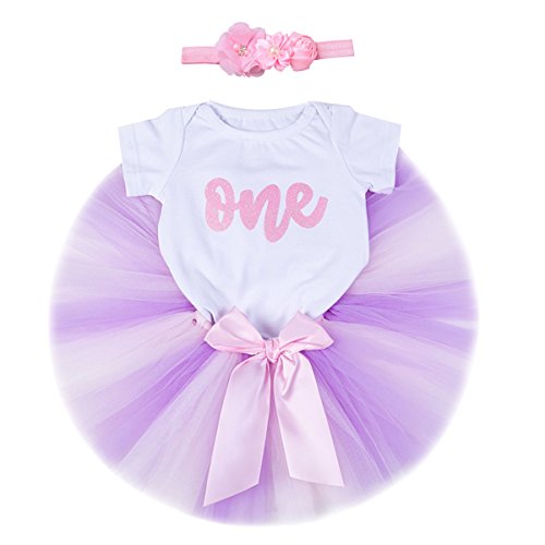 FYMNSI - Conjunto de ropa de bebé para primer cumpleaños con letra brillante y una manga corta, tutú, falda de tul princesa, diadema de flores, 3 piezas