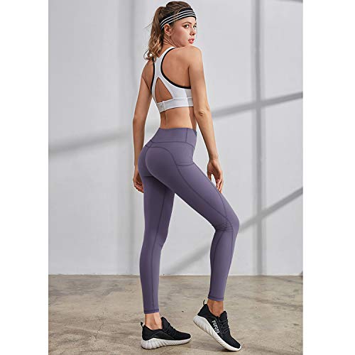 G4Free Pantalones de yoga con bolsillos para mujer Leggings de cintura alta Control de barriga Entrenamiento Medias de entrenamiento de entrenamiento de 66 cm (Púrpura, XL)