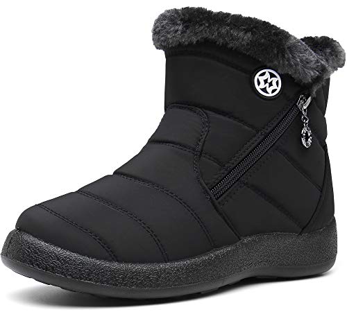 Gaatpot Zapatos Invierno Mujer Botas de Nieve Forradas Zapatillas Botines Planas con Cremallera Negro 41.5 EU/43 CN