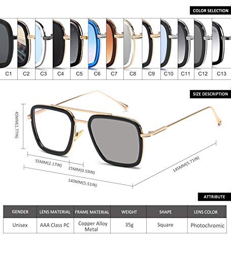 Gafas de sol estilo piloto retro, con montura de metal cuadrada, clásicas Downey Tony Stark, con lentes degradadas para hombres y mujeres, Blanco (Lente fotocromática con marco de oro C17.)