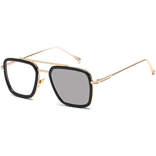 Gafas de sol estilo piloto retro, con montura de metal cuadrada, clásicas Downey Tony Stark, con lentes degradadas para hombres y mujeres, Blanco (Lente fotocromática con marco de oro C17.)