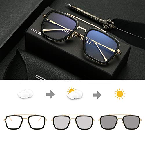 Gafas de sol estilo piloto retro, con montura de metal cuadrada, clásicas Downey Tony Stark, con lentes degradadas para hombres y mujeres, Blanco (Lente fotocromática con marco de oro C17.)