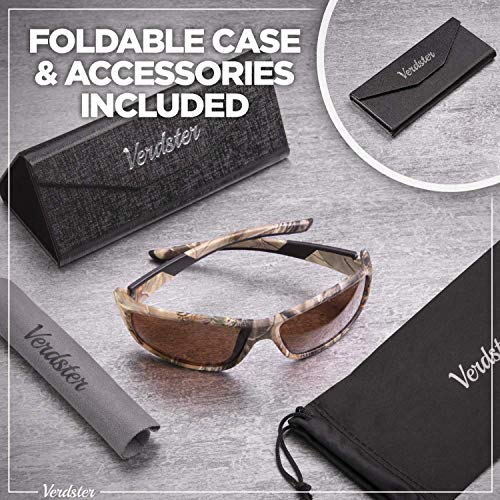 Gafas de sol polarizadas Verdster Camo – Protección UV – Gafas de Sol Marrones con Diseño de Camuflaje con Lentes de color Ámbar – Ideales para Pescar – Una Funda Suave y un Paño de Limpieza Incluidos