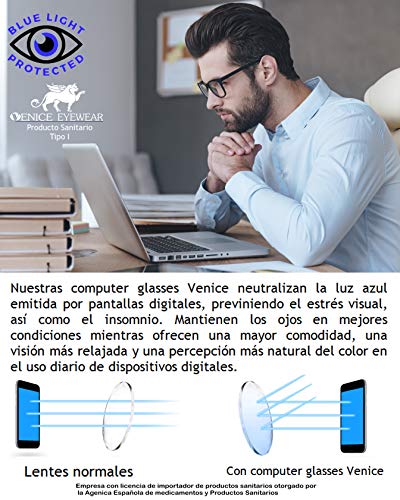 Gafas ver de cerca, lectura con Filtro Luz Azul, Ordenador Gaming Móvil, Protección Antifatiga - Venice Coti Dioptría (1-1,50-2 - 2,50-3 - 3,50) (Azul, Graduación +1,50)