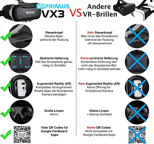 Gafas VR VR-PRIMUS VX3 + Mando | para Smartphone 's p.ej. iPhone,Samsung Galaxy,HTC,Sony,LG,Huawei | Google Cardboard QR,Botón de Control,Augmented Reality | VR Box,Glasses,Shinecon,Controlador
