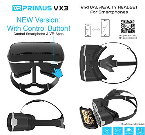 Gafas VR VR-PRIMUS VX3 + Mando | para Smartphone 's p.ej. iPhone,Samsung Galaxy,HTC,Sony,LG,Huawei | Google Cardboard QR,Botón de Control,Augmented Reality | VR Box,Glasses,Shinecon,Controlador