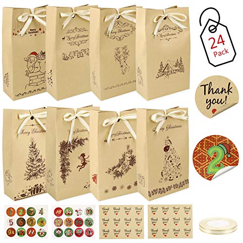 Gafild Bolsas de regalo navidad, 24pcs bolsas para regalos de boda Bolsas de Papel Kraft con 48 Pegatinas para Boda Fiestas Cumpleaños Comida Caramelos Dulces Galletas Chocolates