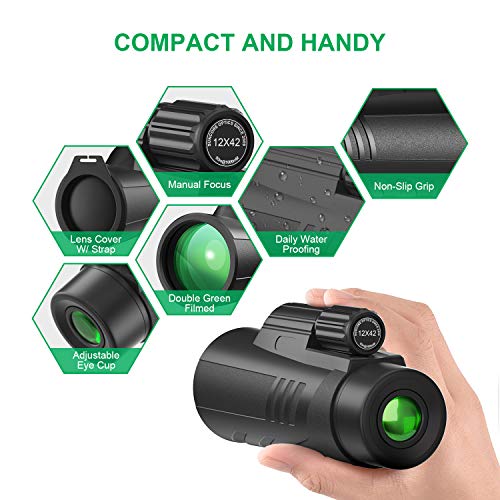 Gafild Telescopio Monocular, 12X42 BAK4 FMC Prisma Monocular Impermeable y Antivaho Monoculares para avistamiento Aves Caza Camping Concierto con Adaptador de Soporte para Smartphone y trípode