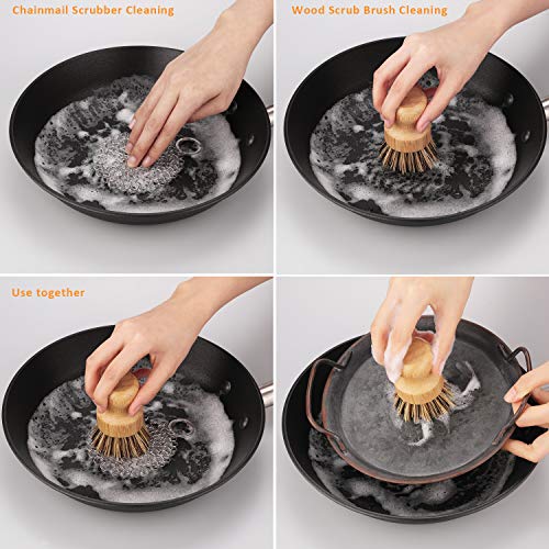 GAINWELL Limpiador de Malla de Acero Inoxidable Limpiador de Hierro Fundido 10cm con Cepillo de Limpieza de Madera