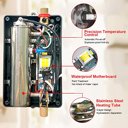 Garosa Mini Calentador de Agua Eléctrico Instantáneo Medidas de Seguridad Múltiples Calentador de Agua Ducha Sin Tanque Sistema de Agua Caliente para Cocina y Baño 220v 5.5kw (Black)